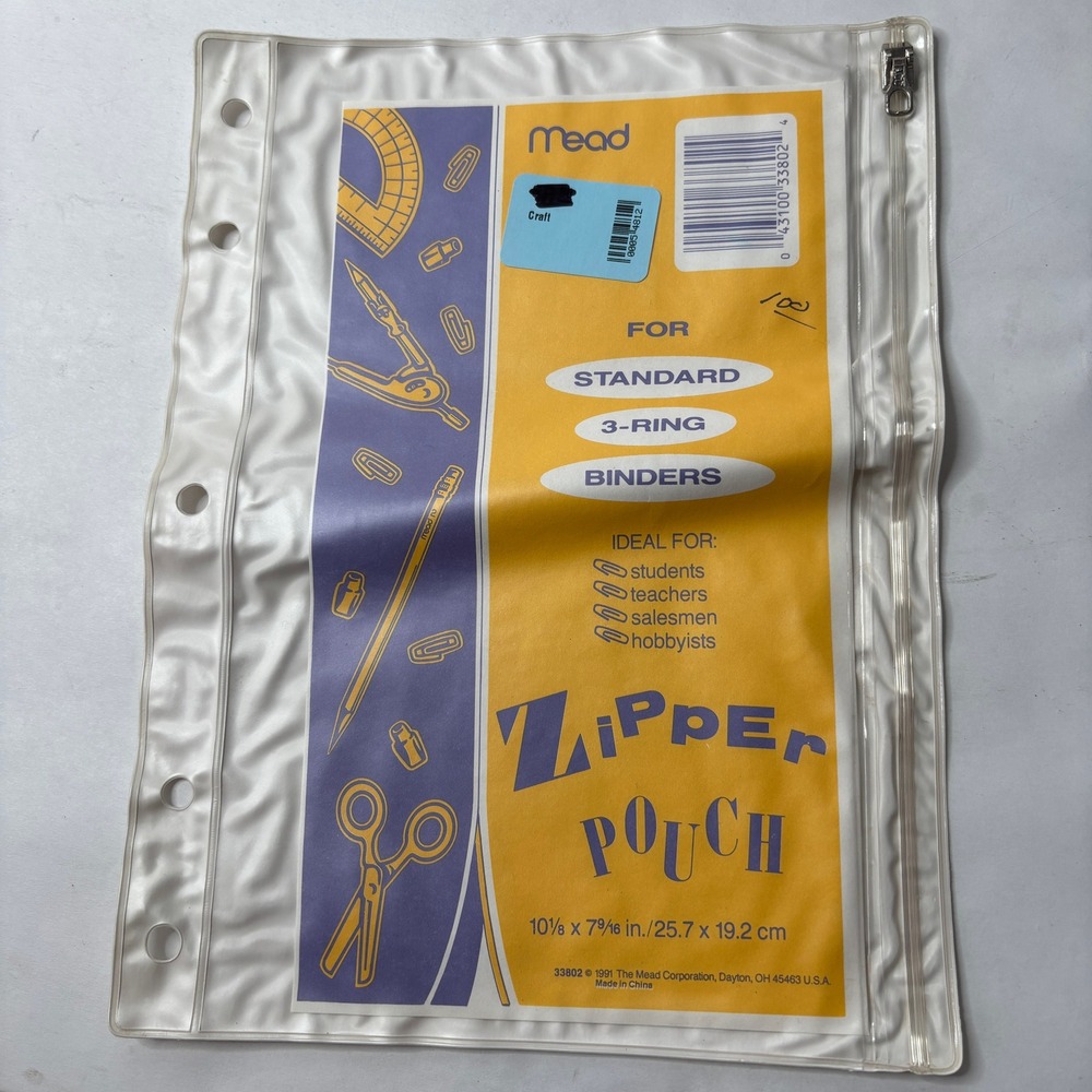 NEW VTG 90s Mead Plastic White Zip Pouch Pencil Case for Binder Clear Front NOS